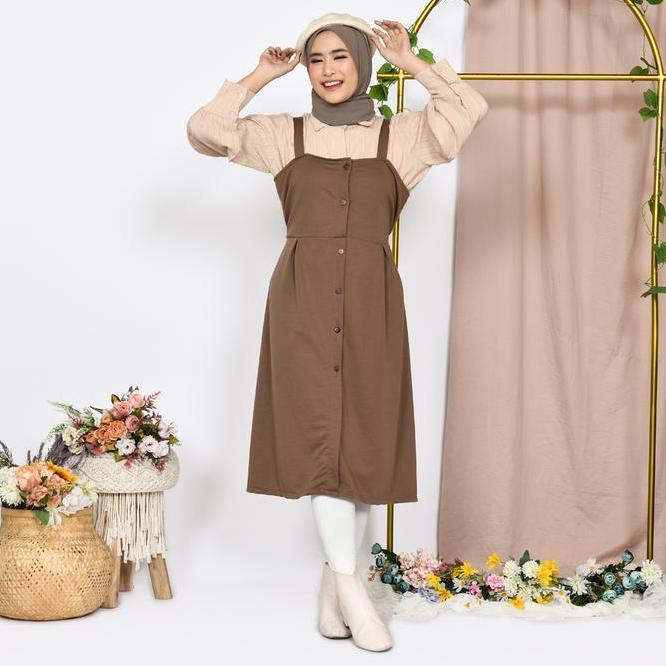 Mybamus X Tikafisi Overall Midi Dress Jumpsuit Rok Jumpsuit Kekinian Overall Tunik Rekomendasi Jumps