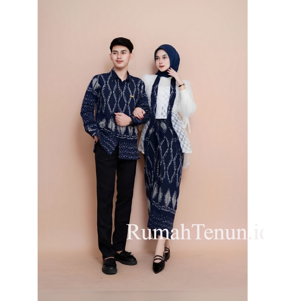 Baju Tenun Kebaya Blue Puspa Setelan Kebaya Pria Wanita Tenun Etnick Busana - RumahTenun.id