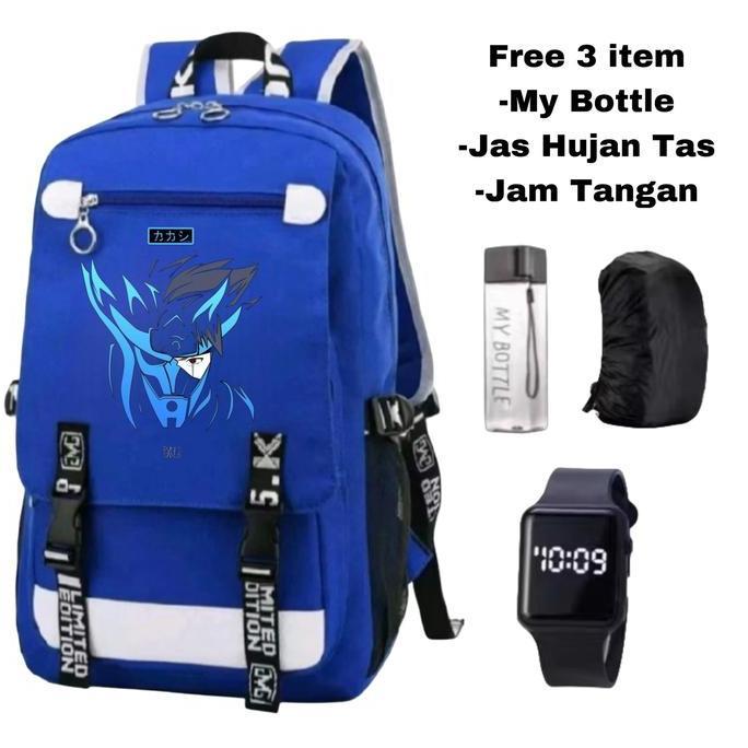 Tas Ransel Anak Anime Dark Siluet Biru + Bonus Jam Digital, Botol Minum & Jas Hujan | Tas Sekolah Je