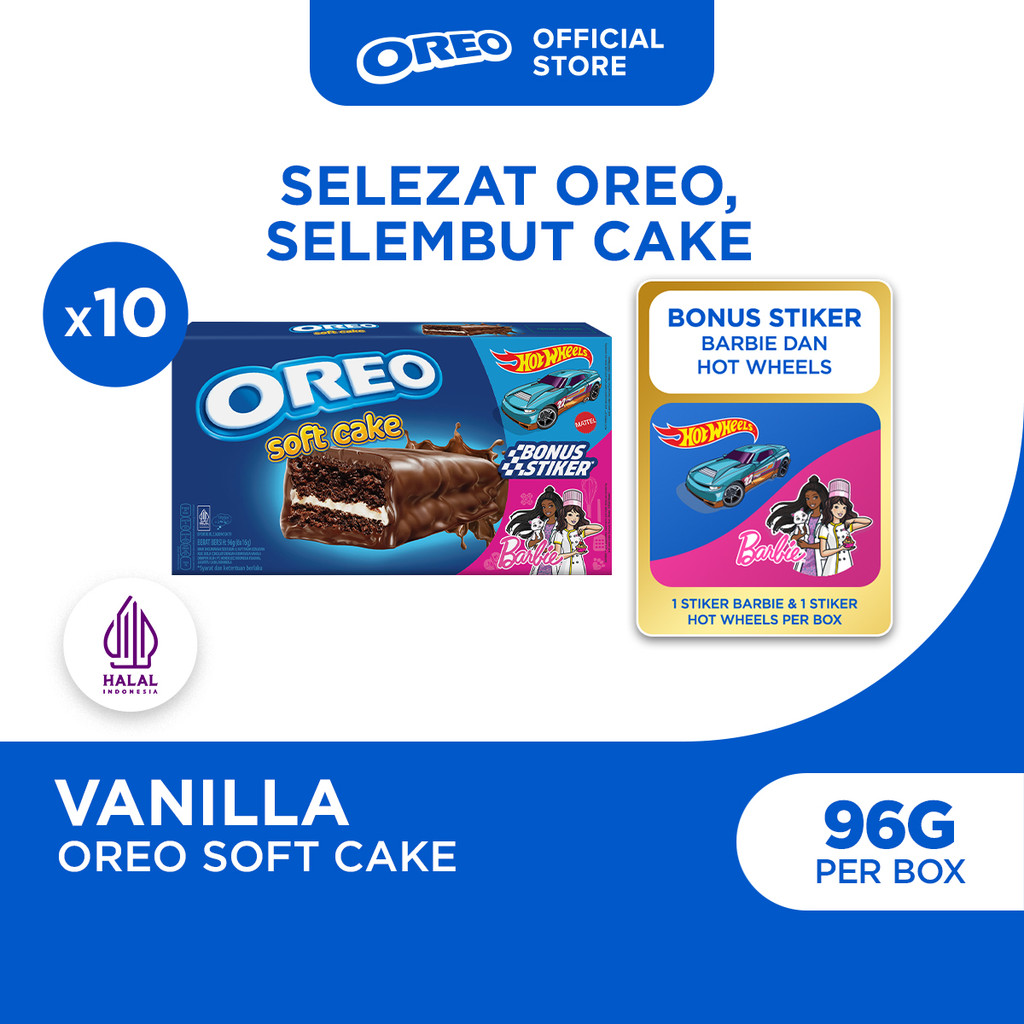 [PAKET HEMAT] 10pcs Oreo Soft Cake 96g, Kue Bolu Cokelat dengan Krim Rasa Vanila BONUS Stiker Barbie