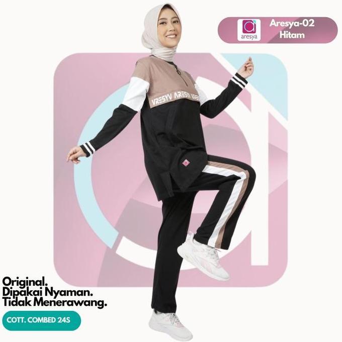 Aresya Setelan Baju Olahraga Couple Pria Wanita Sporty Aresya-02 Hitam Bahan Cotton Combed 24'S Lemb