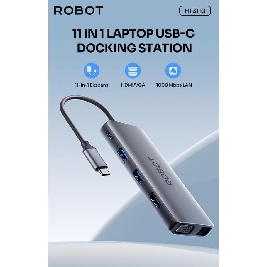 Baru HUB ADAPTER 11 IN 1 ROBOT HT3110 USB-C HDMI VGA LAN RJ45 USB3.0 Micro SD Card Reader Audio Jack