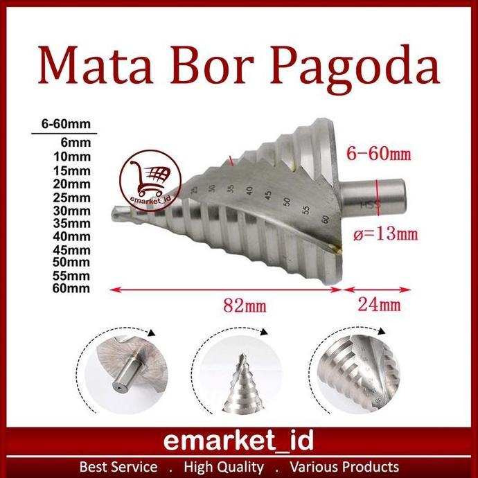 READY Mata Bor Pagoda 6-60mm / Step Dril Drill Spiral / Kerucut Cone Besi Kayu Plastik