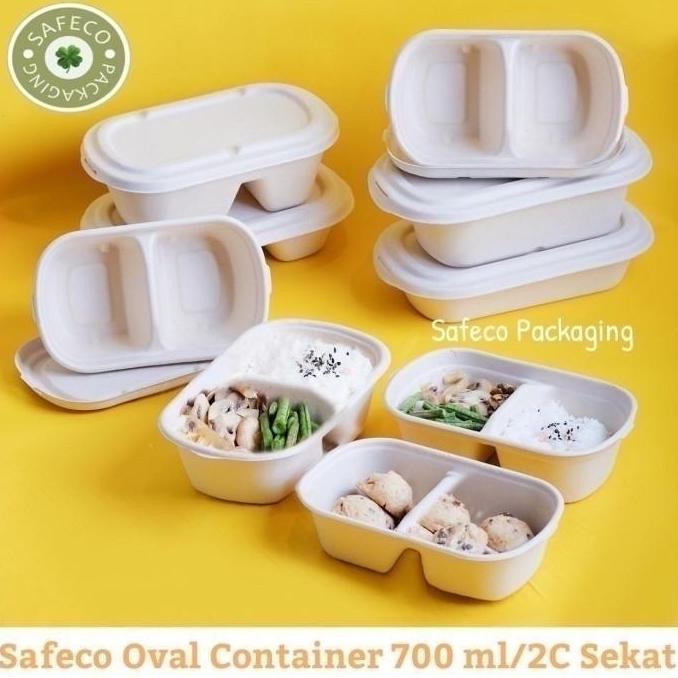 Bagasse Food Box 700 ML Oval Pakai Sekat Biodegradable Takeaway Box