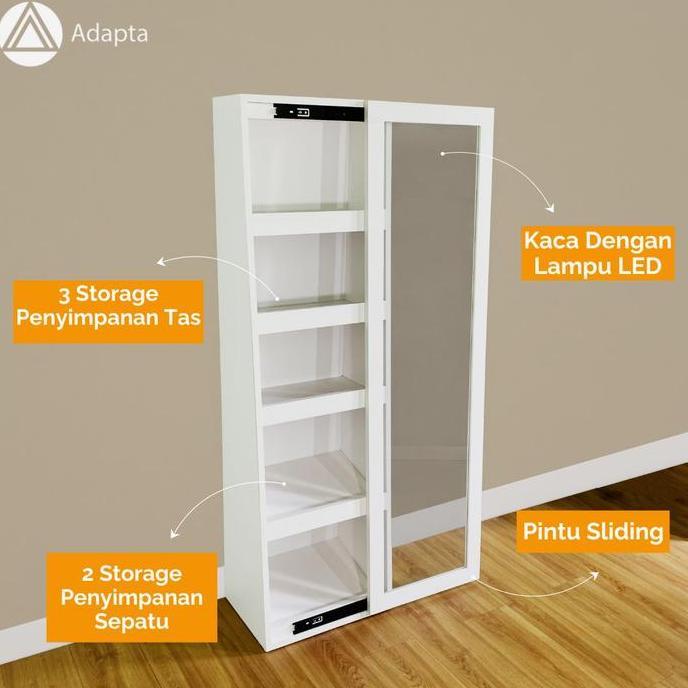 Lemari Tas dan Sepatu Standing Mirror Pintu Geser Dengan Lampu LED