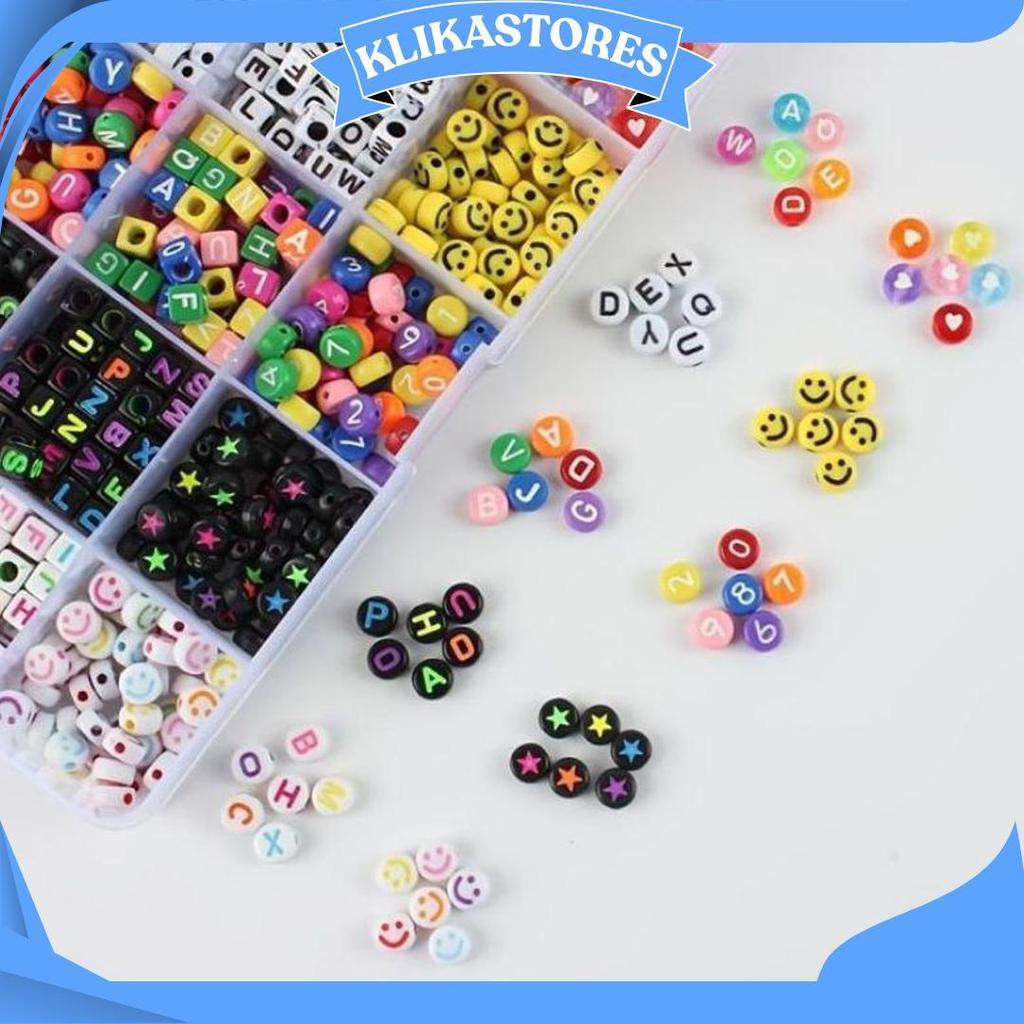 Manik Manik Letter Beads 25Gr / Bentuk Kotak Balok Love Bulat / Warna Hitam Silver Gold Rainbow Mera