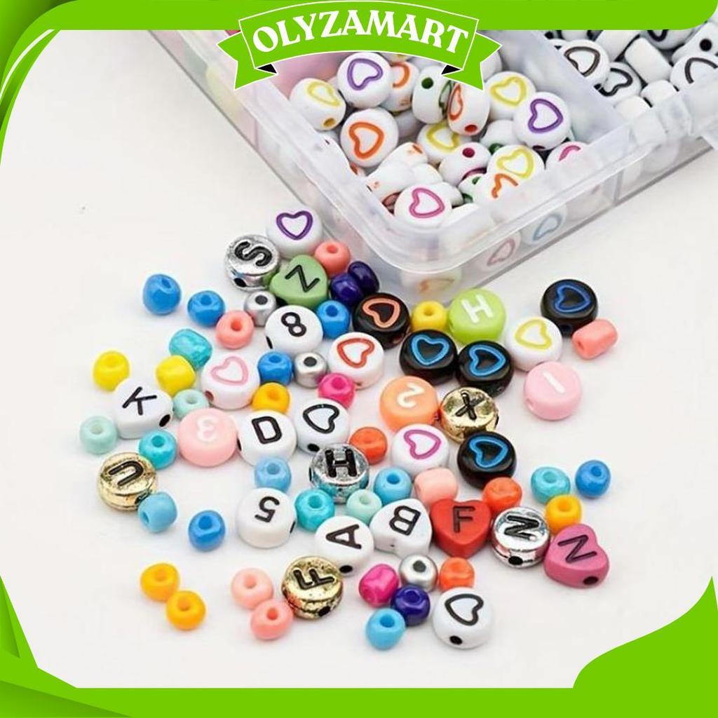 Manik Manik Letter Beads 25Gr / Bentuk Kotak Balok Love Bulat / Warna Hitam Silver Gold Rainbow Mera