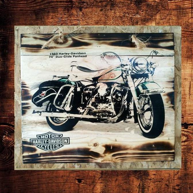 Poster Lukisan Kayu Jatibelanda Bakar Harley Davidson Vintage 3