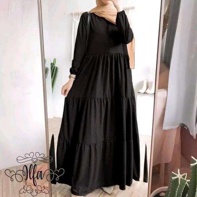 Gamis Susun Polos Syar'i Bahan Katun Rayon Premium Maksi Dress Setandar Jumbo Hitam Navy Putih Cokel
