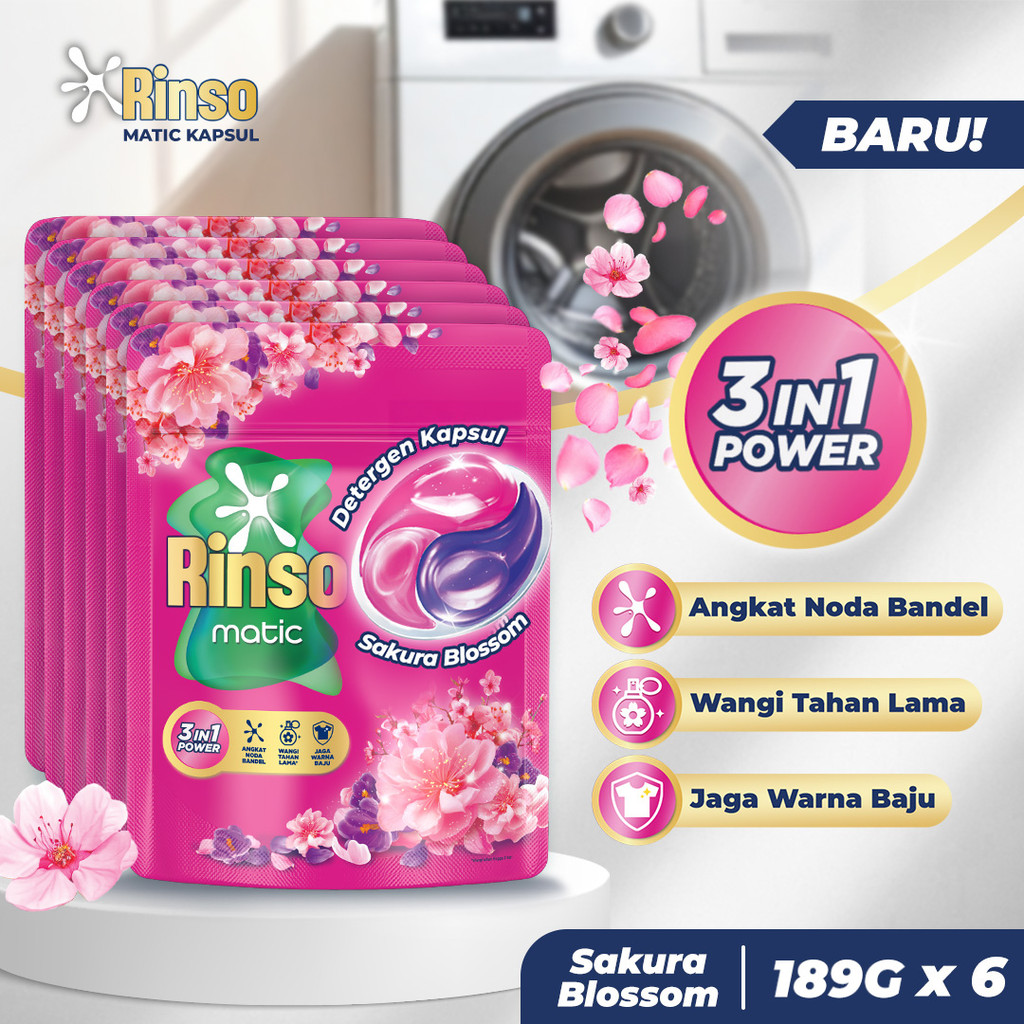[BARU] Rinso Kapsul Sakura Blossom Deterjen Cair Matic isi 18 capsule dengan 3 in 1 Power | Detergen