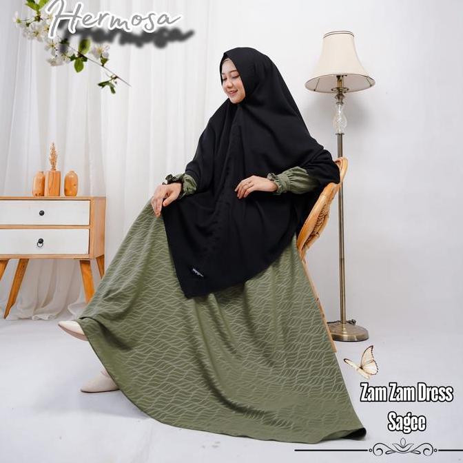 [Gamis hermosa]Gamis hermosa wolfis embos motif zamzam sage green-gamis hijau sage terbaru-gamis pre