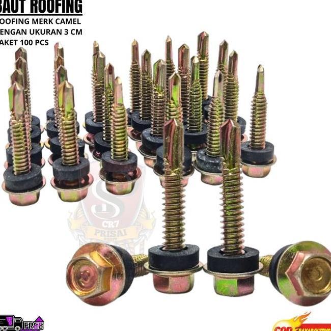 Paket 100Pcs Baut Roofing 3Cm Baut Atap 3Cm Baut Roofing Kuning 3Cm Baut Roofing 3 Dengan Kepala Bau