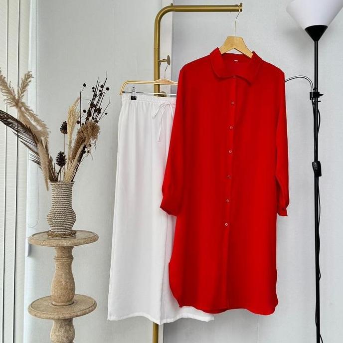 'Set Tunik + Kulot Merah Putih ADANTYA Setelan Wanita Kekinian bahan crinkle premium oneset skrit lo