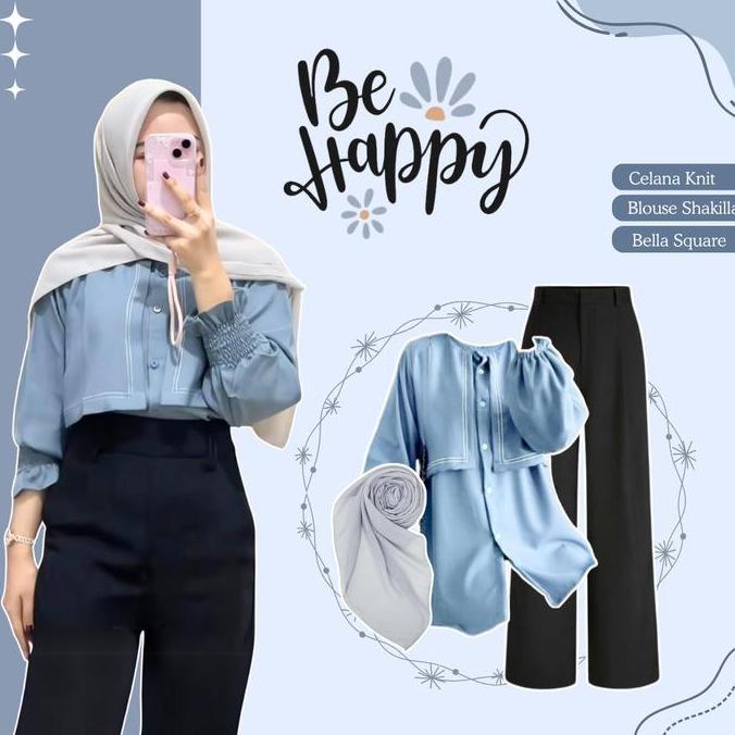 Outfit Remaja korean Style Hijab (Blouse - Celana Knit - Hijab Bella Square) Outfit kuliah Wanita - 