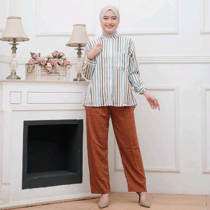 Oneset Jumbo Setelan Wanita Motif Garis Strip Pelangi Maxx Bb 80kg Muslim Baju Panjang Celana Formal
