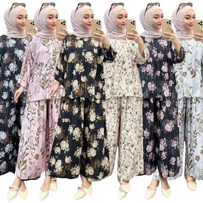 Setelan Oneset Wanita Premium Rayon Super Jumbo LD 130 Panjang Baju Bawahan Motif Belah Samping Musl