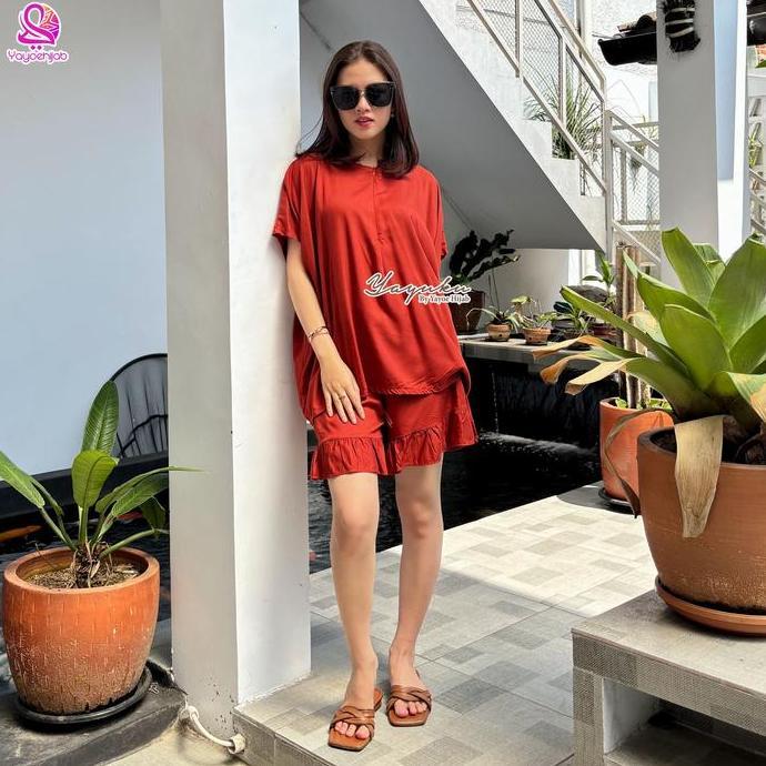 July One Set Wanita Lengan Pendek dan Celana Pendek Rayon Polos Busui Friendly