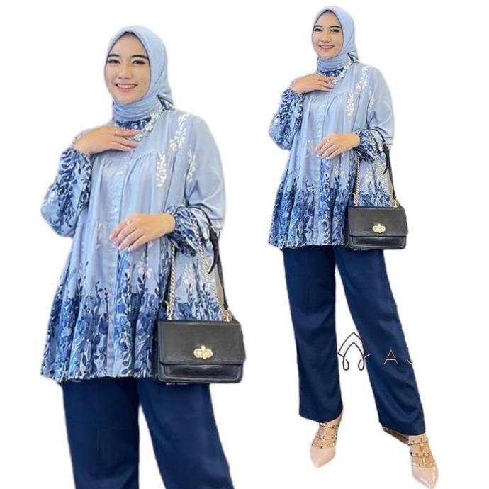 set hijab tunik susun wanita aresha oneset tunik ruffle rayon jumbo setelan celana crinkle wanita on