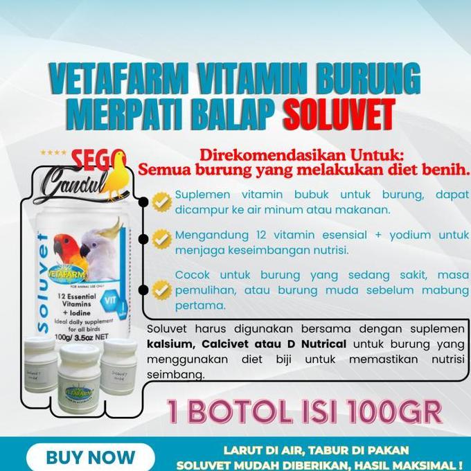 Vetafarm Vitamin Burung Merpati Balap Soluvet Kemasan 1 botol isi 100gr