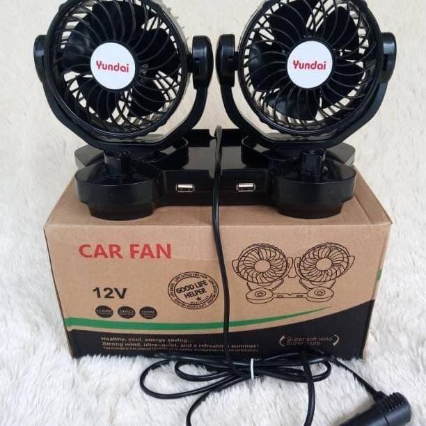 Kipas Angin Mobil 2 Kipas Saklar dan 2 USB DC 12 Volt 24 Volt Yundai