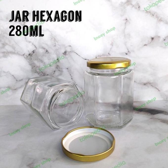 JAR /BOTOL /TOPLES KACA HEXAGONAL 280ML TUTUP GOLD