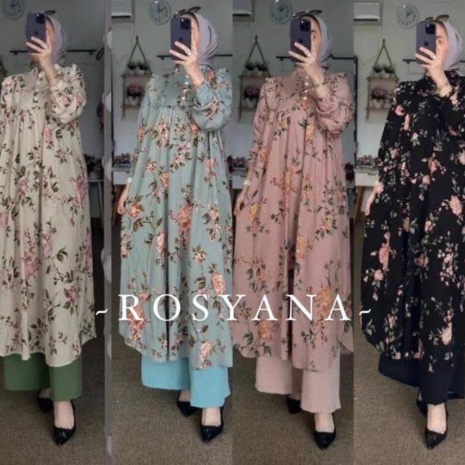 Setelan Long Tunik  Motif Bunga Jasmine Kecil Bahan Rayon Diamond Celana Cringkel