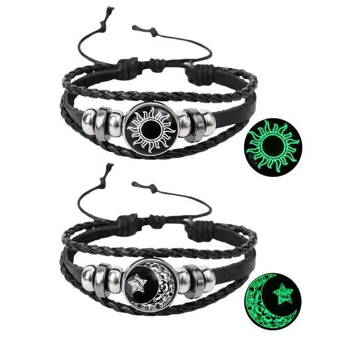 2Pcs Gelang Pasangan Matahari Bulan Luminous Romantis  Tali Kulit