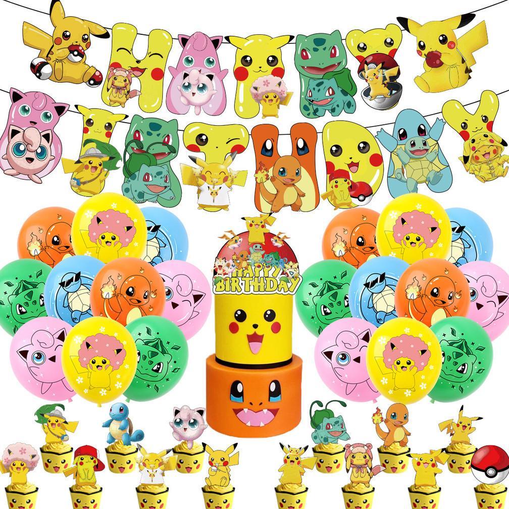 PAKET BALON SET DEKORASI PESTA ULANG TAHUN MOTIF POKEMON BANNER BALON TOPPER KUE CUP CAKE