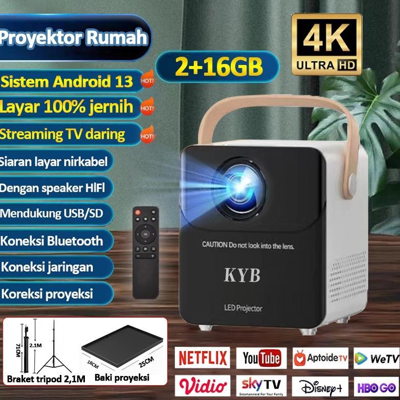 2025 KYB T2 LED Proyektor Mini Smart Proyektor Android TV 4K HD Proyektor Portable/Murah 9.0 Ram