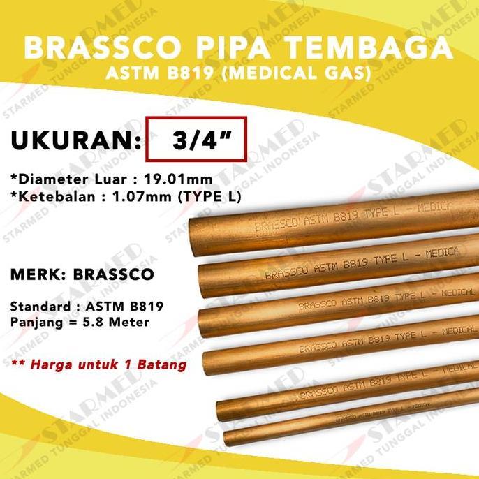 Brassco Pipa Tembaga Batangan Astm B819 3/4" - Pipa Gas Medis