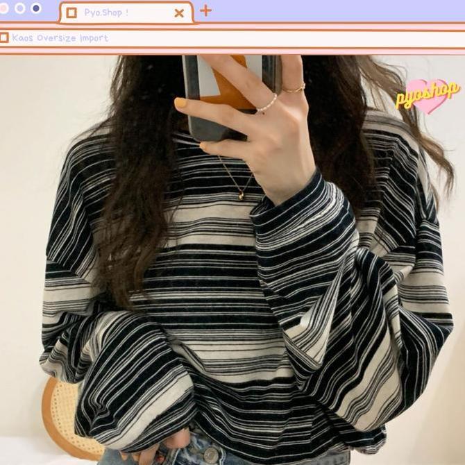 Pyoshop Garis Lengan Panjang Oversize Tee Tshirt Kaos Longgar Motif Wanita