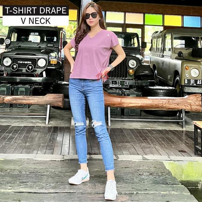 Kaos Polos Drape Vneck Wanita Dewasa Lengan Pendek  Yukensi Tshirt Casual Baju Oblong Lekbong Bahan 