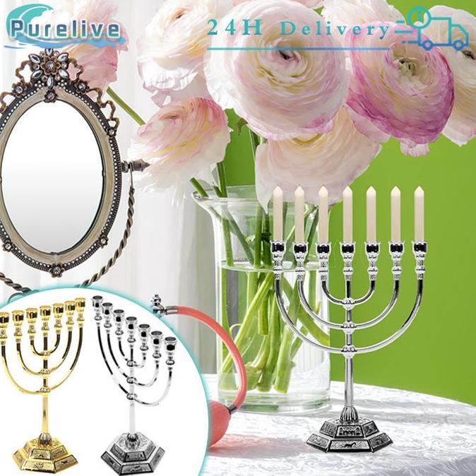 17cm Menorah Hanukkah Kaki Dian 7-Branch Dekorasi Pajangan Menorah Souvenir Rohani Profetik