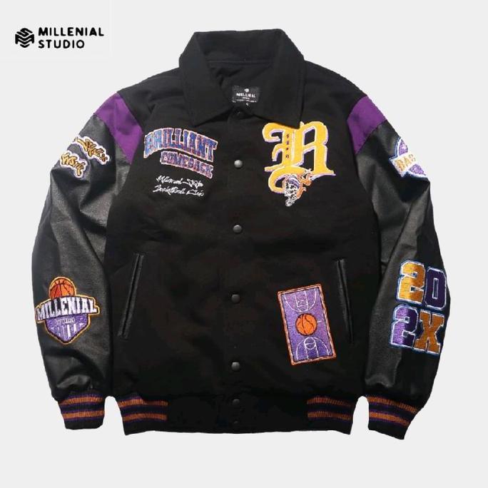Murah Varsity Jacket Brilliant Comeback Black | Jaket Basketball Hitam Baseball Full Bordir Kulit Si