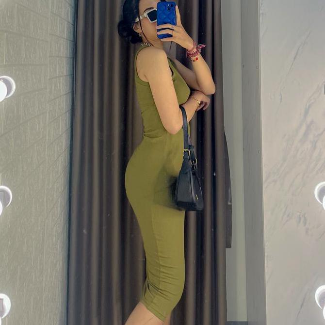 Via Long Dress Slim Rib Body Suit Boat Neck Panjang Casual Wanita - Gaun Santai Coklat Hitam Nyaman 