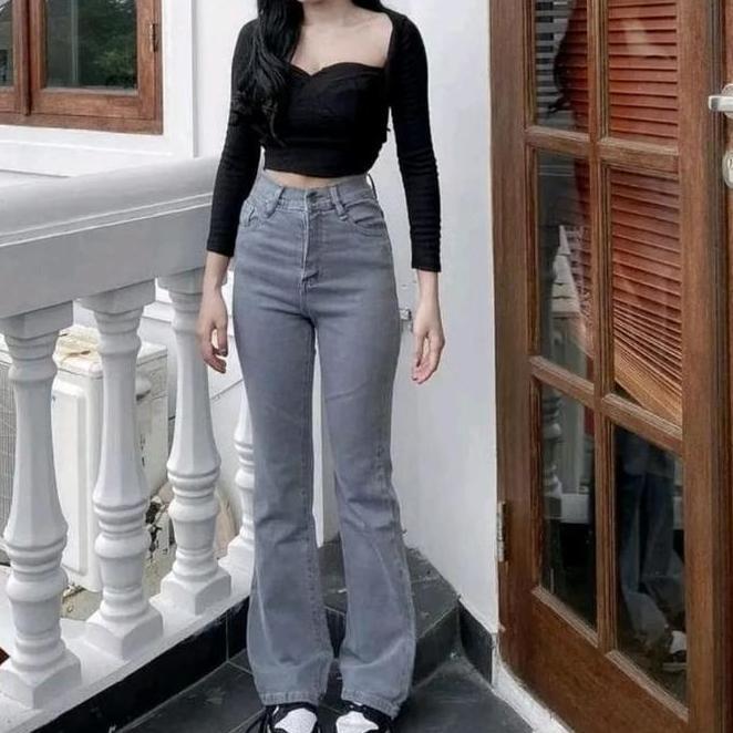 Highwaist Cutbray Stretch Melar Celana Jeans Panjang Wanita Karet Hitam Karet Hitam
