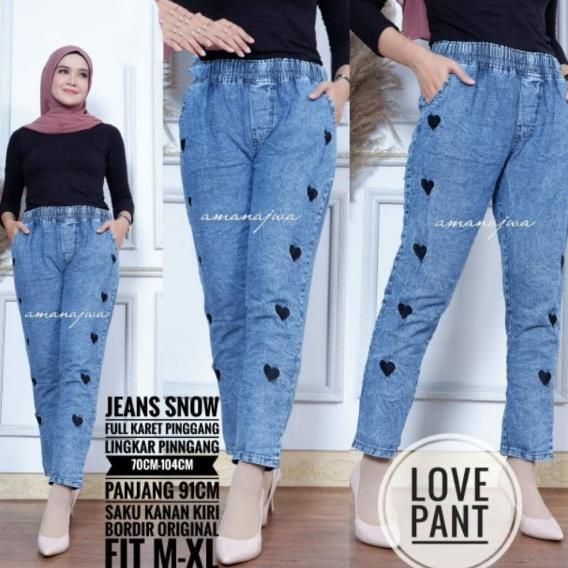 Celana Wanita Baggy Jeans Love Bordir Asli Slim-Fitting