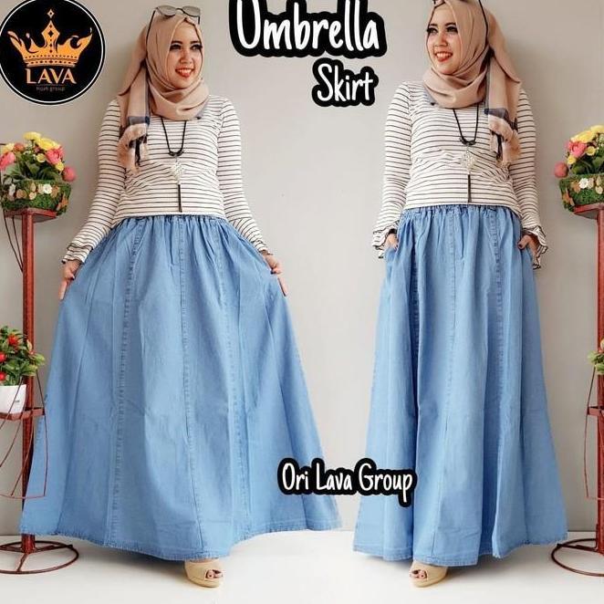 Rok Jeans Pecah Jumbo Karet Pinggang Denim Panjang Bawahan Wanita Biru Hitam Standar Tebal Rok  Jean