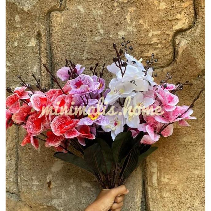 Promo Bunga Anggrek Tangkai Plastik Daun Artificial Tanaman Hias COD