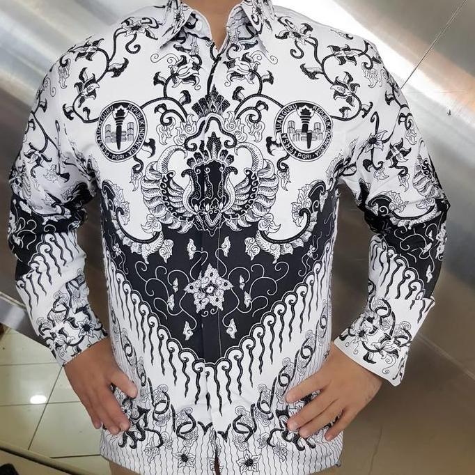DB42 - Seragam Kemeja Hem Katun Pria Batik Guru PGRI Putih Dinas PNS Panjang