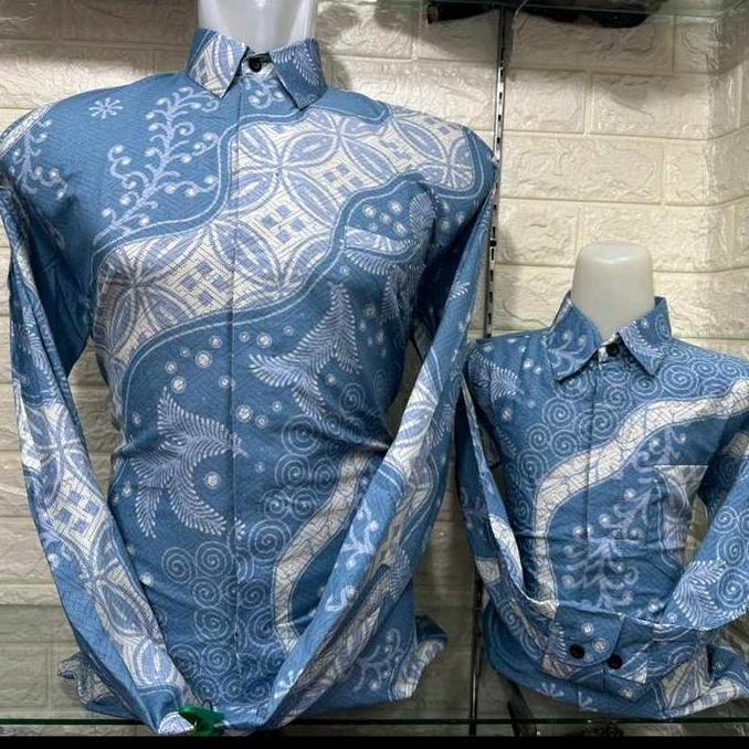 DV342 >> GOKIL Biru Muda Batik Katun Couple Ayah Anak Motif Kawung Modern Elegan Baju Batik Keluarga