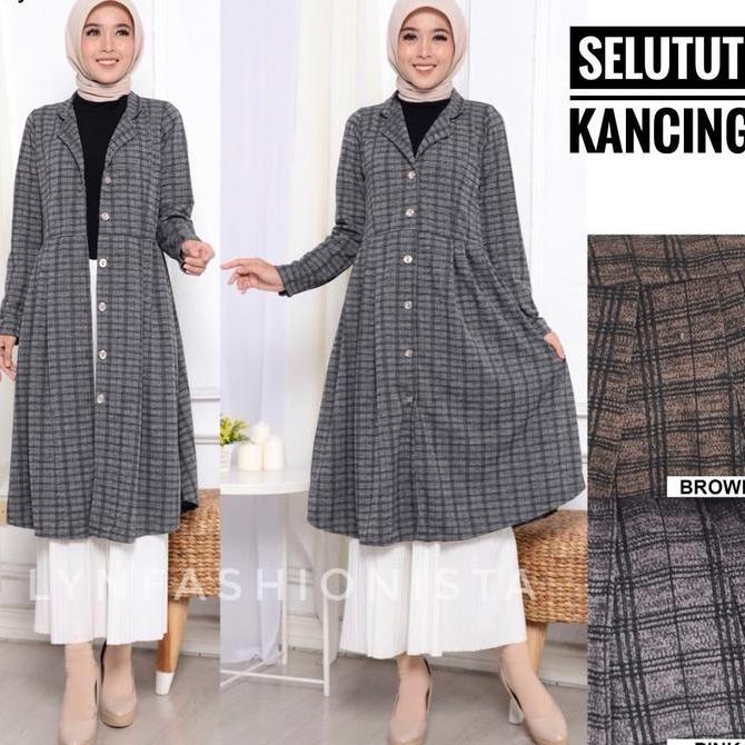 LONG CARDIGAN OUTER WANITA FASHION MUSLIMAH KANCING HIDUP MOTIF TARTAN KOTAK/IZORA Terlaris
