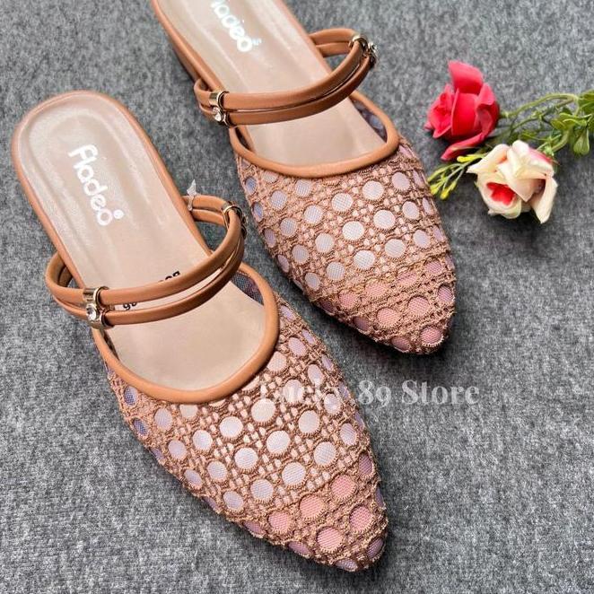 Fladeo Sandal Wanita Brukat Hak 3Cm Shoes Sendal Selop