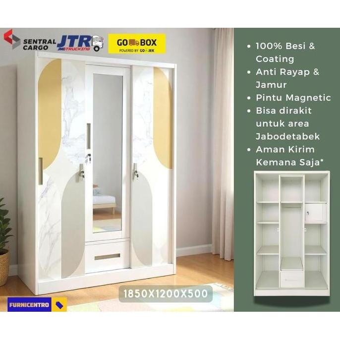 Lemari Pakaian Besi Dewasa Sliding Door Pintu Geser 3 Pintu Dengan Kaca Cermin 185x120x50