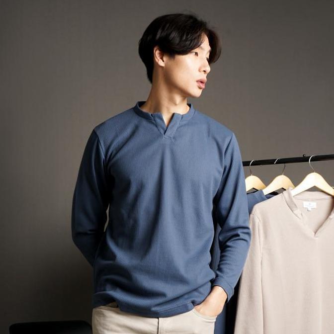 nawla - Atasan Pria Kaos Lengan Panjang Waffle Knit Shirt Kerah V-Neck