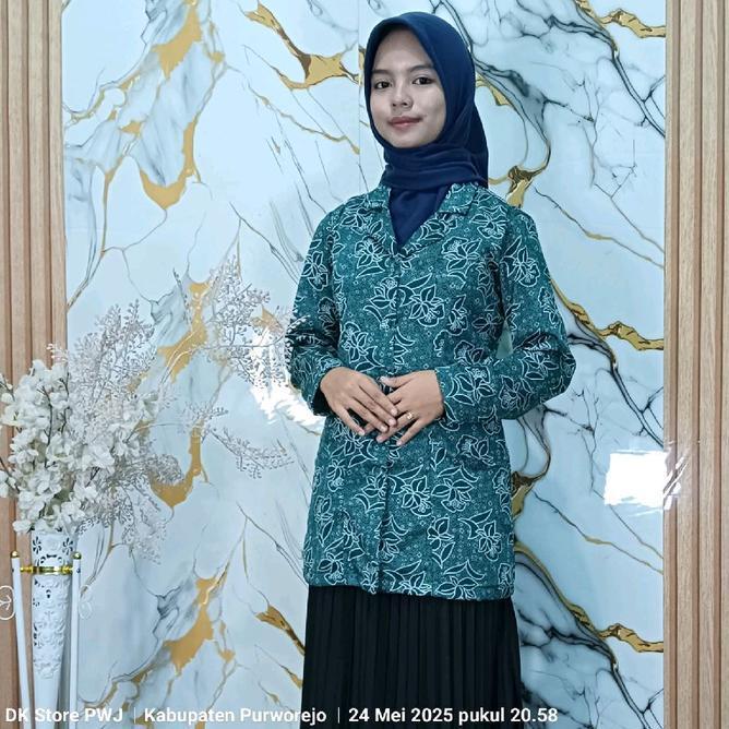 Seragam Batik Resmi Pkk Nasional Atasan Blouse Wanita Hijau Tosca Model Kerah Blazer Putik 5 Panjang