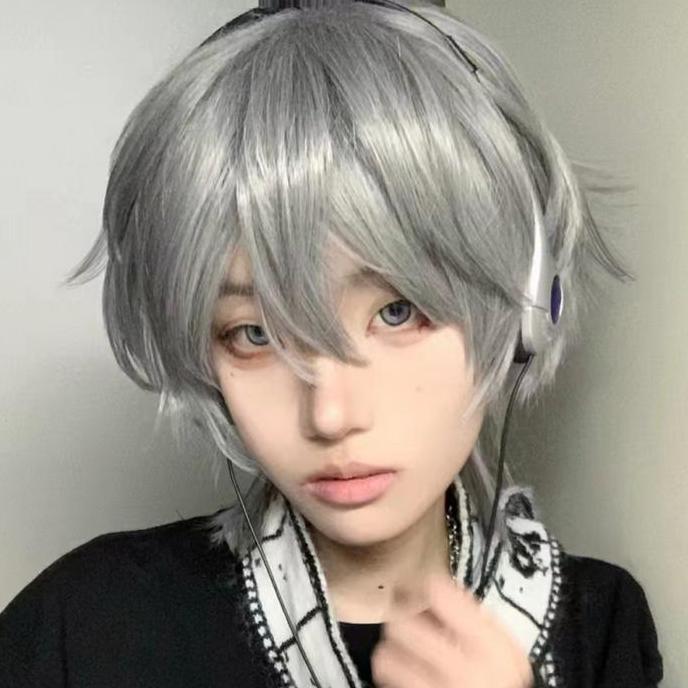 Drag Cool Rambut Palsu Pria Dan Nenek Abu-Abu Rambut Pendek Lurus Gaya Jepang Bangs Puffy Anime Pend