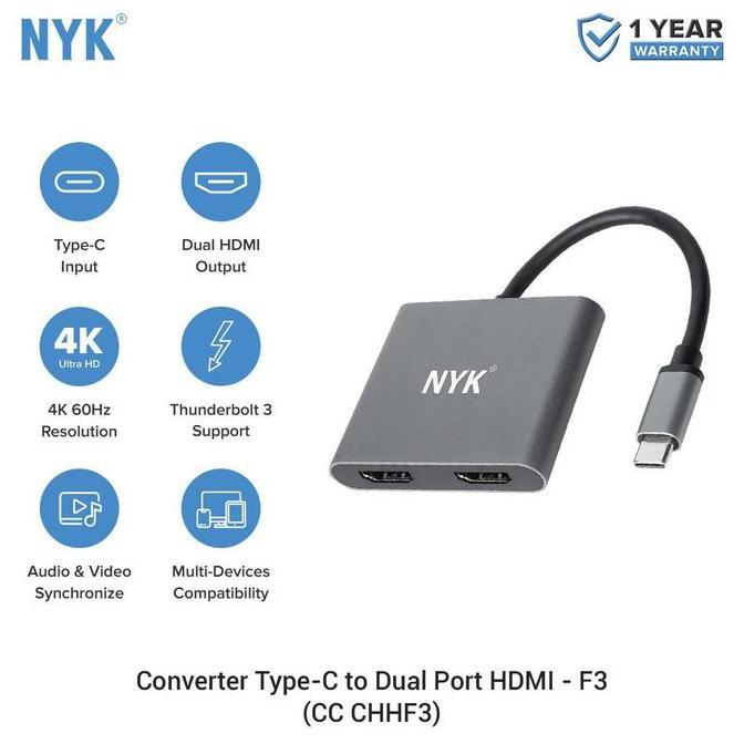 NYK Converter Type C to 2 HDMI Adapter USB C to Dual HDMI - F3