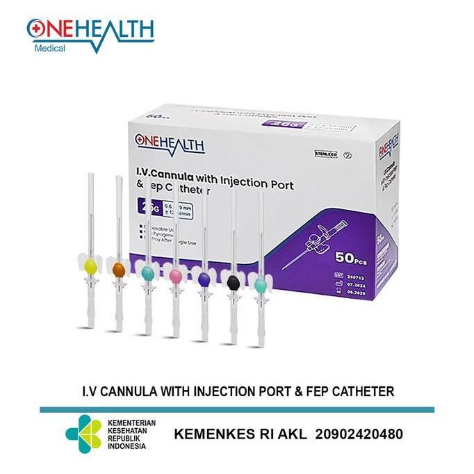 Onehealth I.V Cannula With Injection Port & Fep Catheter Alat Memberikan Cairan Infus - Box (50 Pcs)