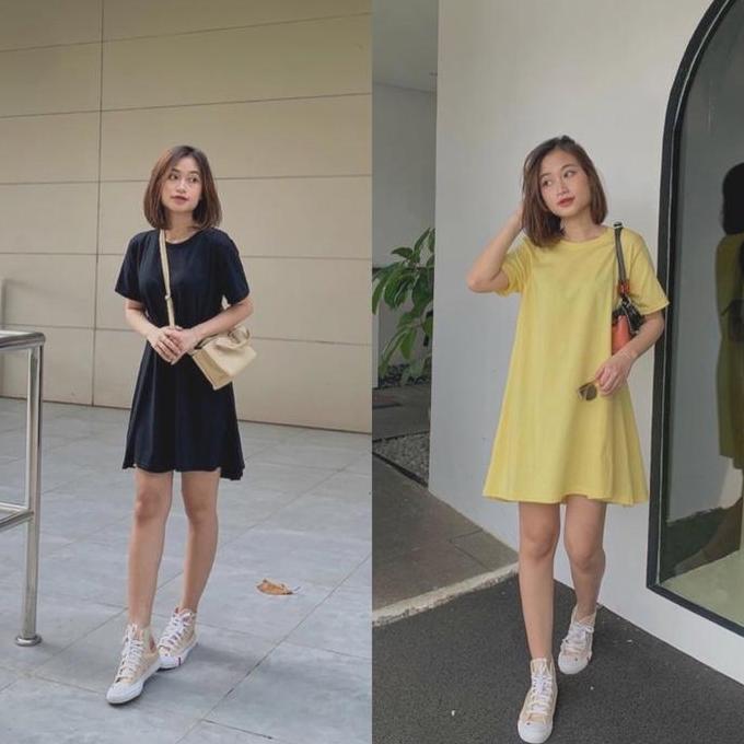 Naydee Dress Wanita Baju Lengan Pendek Selutut Bahan Kaos Katun Combed 30s Adem Stylish Untuk Dewasa